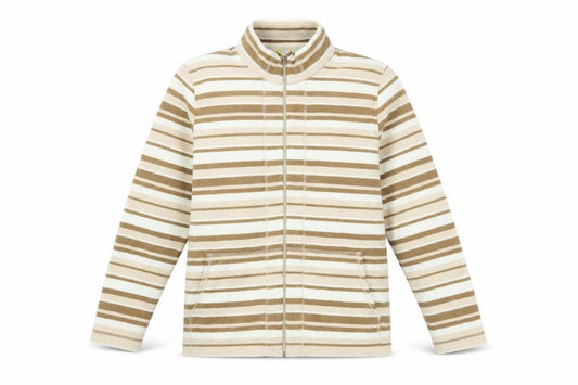 Front view of Alice Collins women’s beige striped fleece full zip jacket, size UK 12