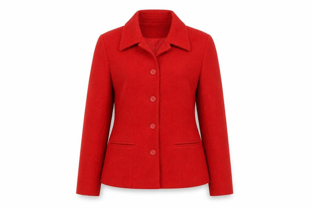 Front view of Bay Company Women's Red Wool Blend Classic Blazer, size 10