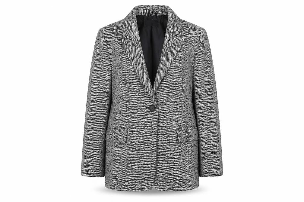 Front view of Et Vous women’s grey herringbone blazer, size UK 12, classic mid-length jacket