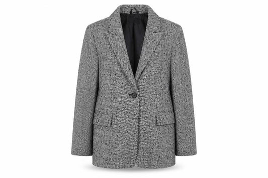 Front view of Et Vous women’s grey herringbone blazer, size UK 12, classic mid-length jacket