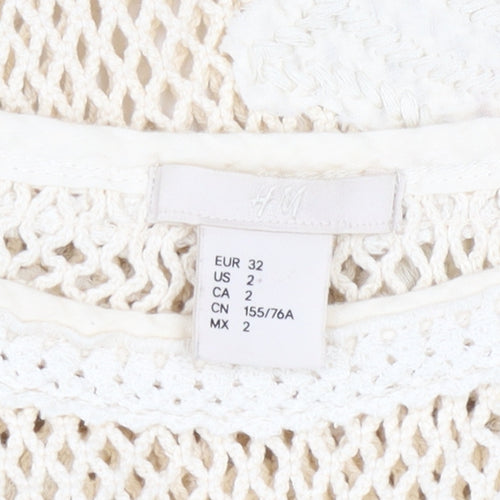 H&M Women Beige Crochet Floral Shift Short Sleeve Dress Size 4