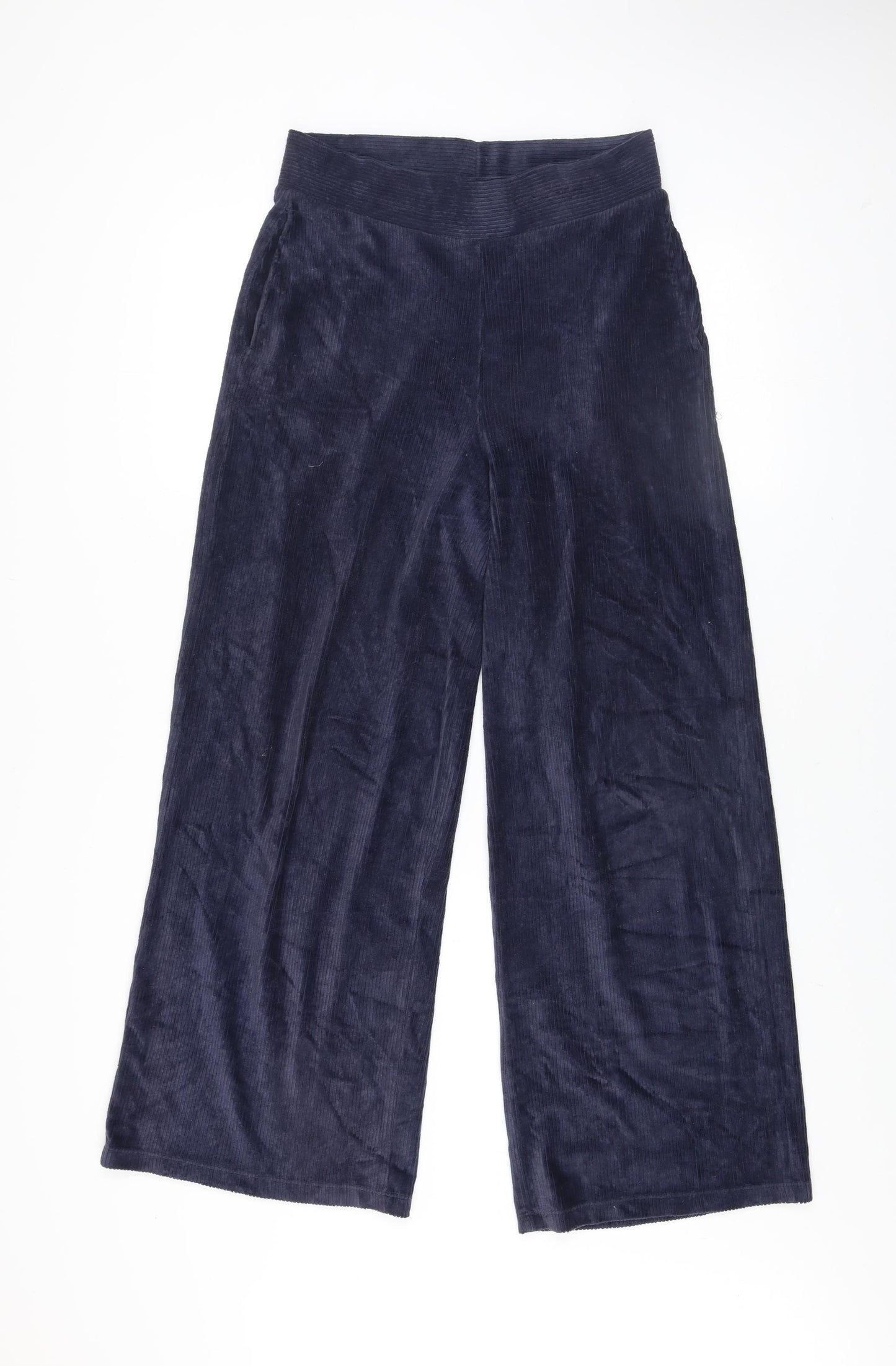 Marks and Spencer Women Navy Corduroy Wide-Leg Trousers Size 10 Long