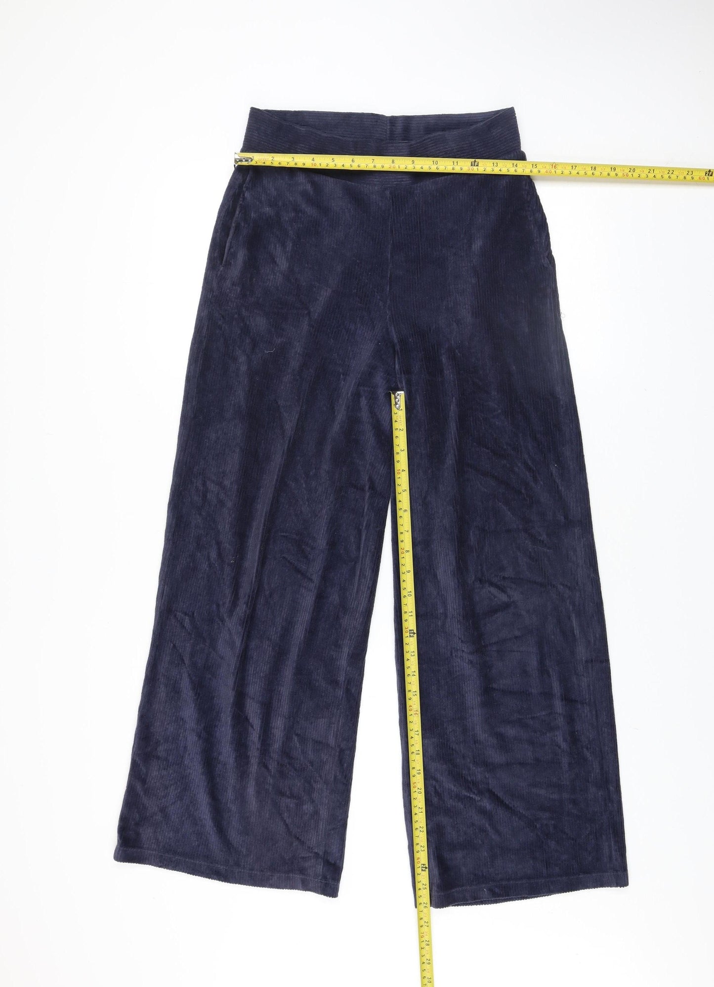 Marks and Spencer Women Navy Corduroy Wide-Leg Trousers Size 10 Long