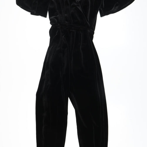 New Look Women's Black Velvet Jumpsuit UK 12 V-Neck Belted Wide-Leg