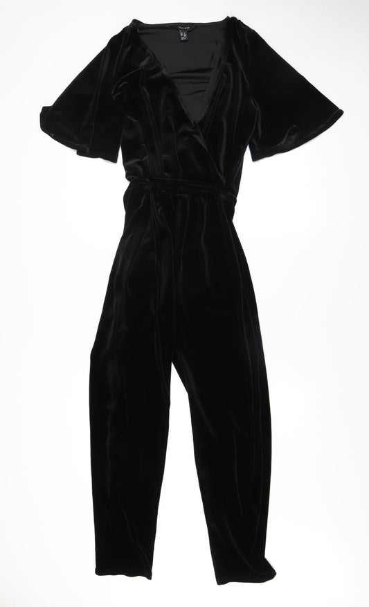 New Look Women's Black Velvet Jumpsuit UK 12 V-Neck Belted Wide-Leg