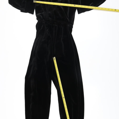 New Look Women's Black Velvet Jumpsuit UK 12 V-Neck Belted Wide-Leg