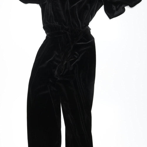 New Look Women's Black Velvet Jumpsuit UK 12 V-Neck Belted Wide-Leg