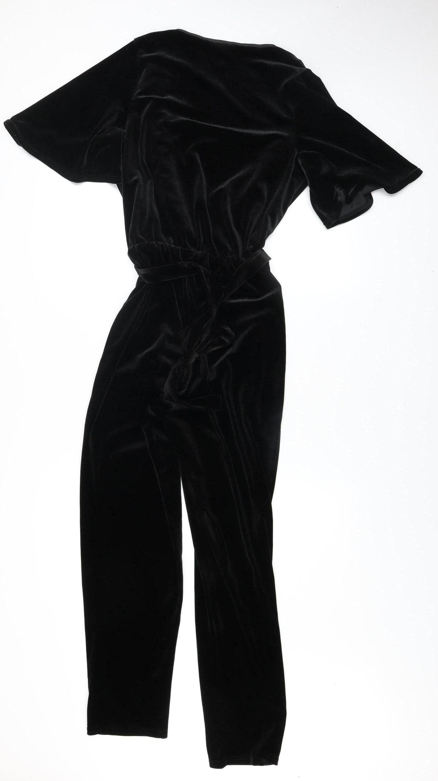 New Look Women's Black Velvet Jumpsuit UK 12 V-Neck Belted Wide-Leg