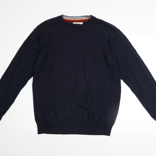 Sandstone Men's Navy Cotton V-Neck Jumper Size L Lightweight Knit