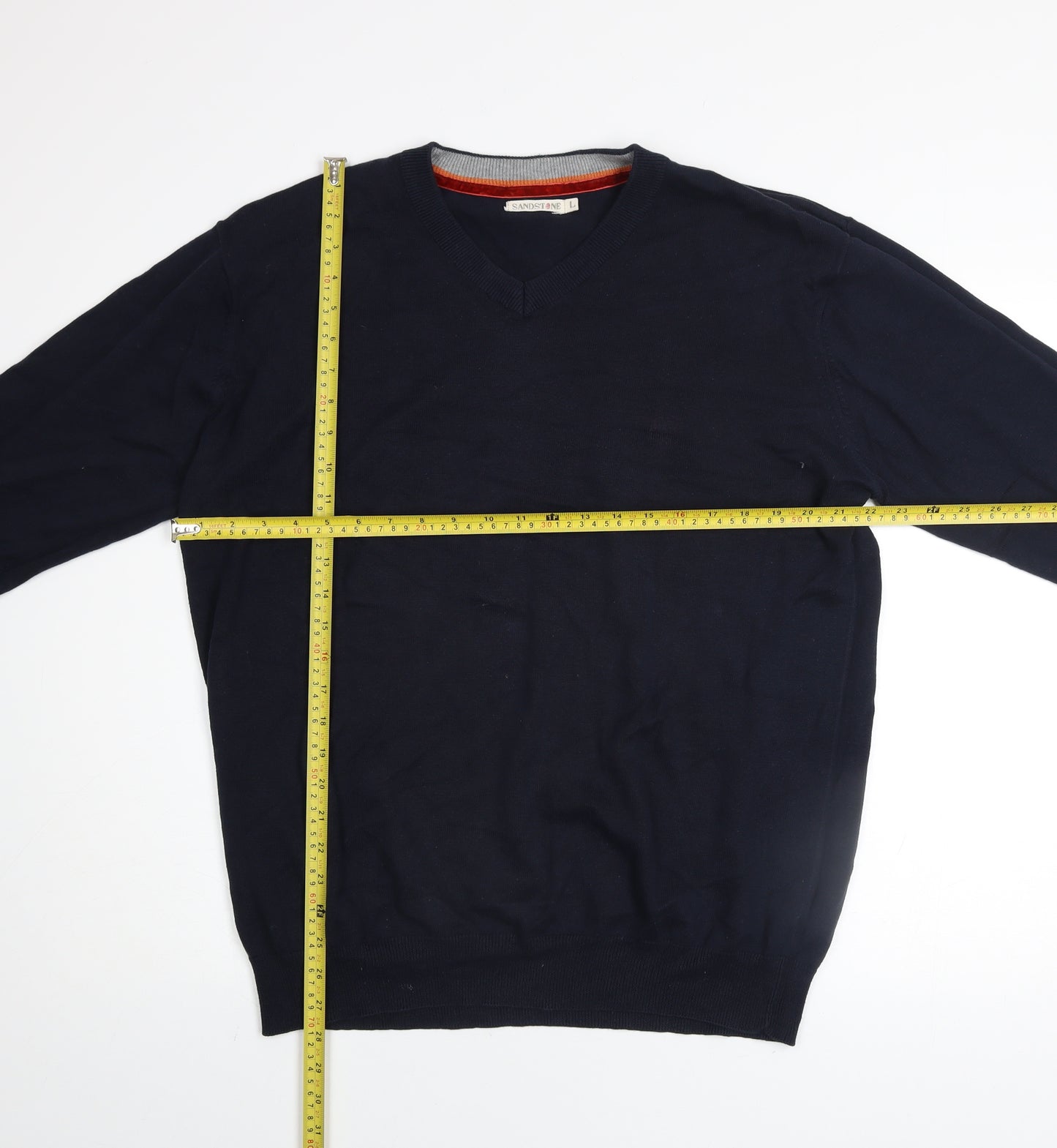 Sandstone Men's Navy Cotton V-Neck Jumper Size L Lightweight Knit