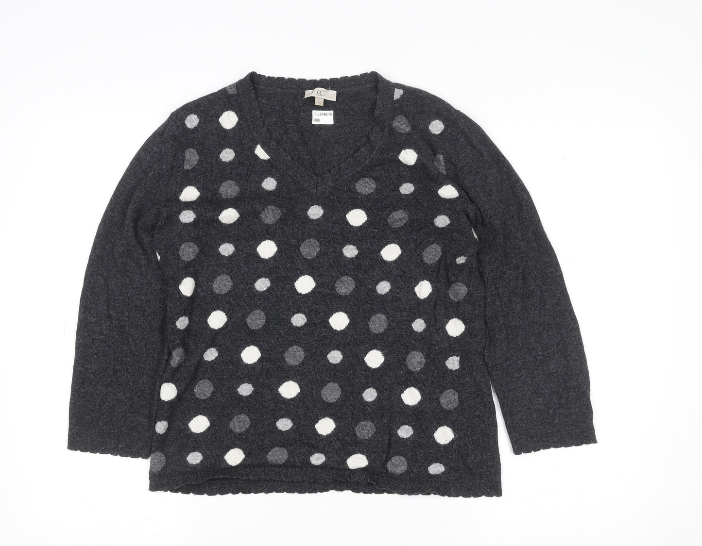 CC Women’s Grey Polka Dot V-Neck 3/4 Sleeve Angora Jumper M
