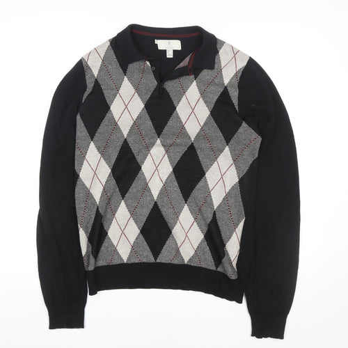 2nd Chapter Men's Black Argyle Cotton Henley Jumper Size S