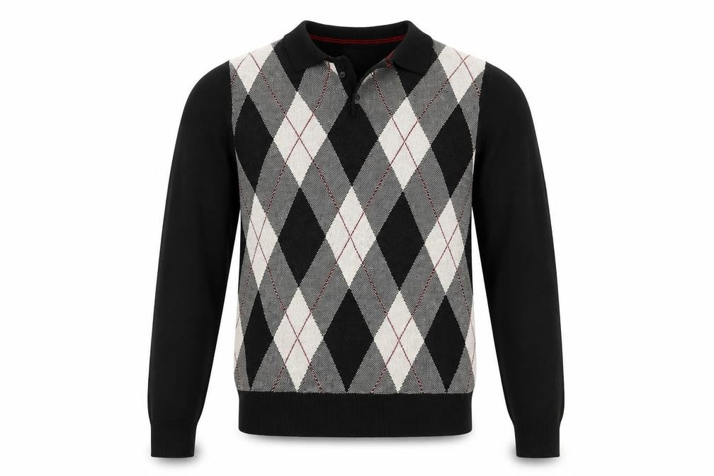 Front view of 2nd Chapter Men's Black Argyle Cotton Henley Jumper, size S