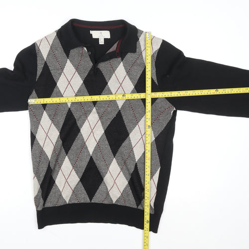 2nd Chapter Men's Black Argyle Cotton Henley Jumper Size S