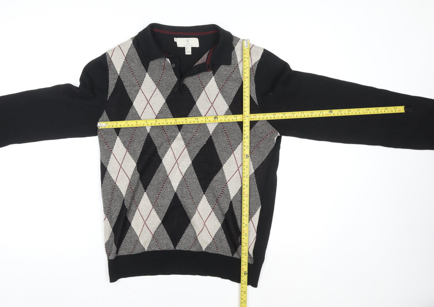 2nd Chapter Men's Black Argyle Cotton Henley Jumper Size S