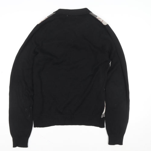 2nd Chapter Men's Black Argyle Cotton Henley Jumper Size S