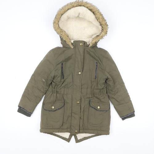 Young Dimension Girls Green Faux Fur Hooded Parka Coat 5-6 Years