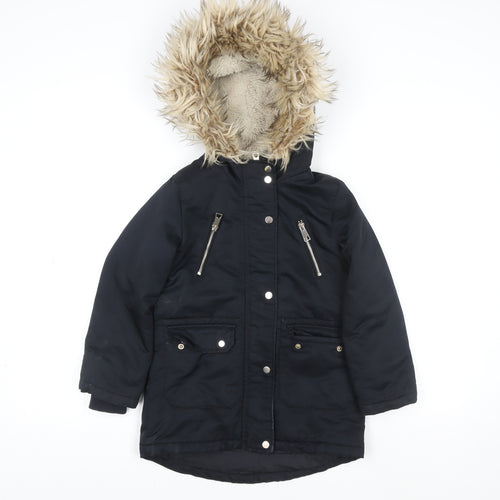 F&F Girls Black Faux Fur Hooded Parka Coat 6-7 Years Lined Winter Jacket
