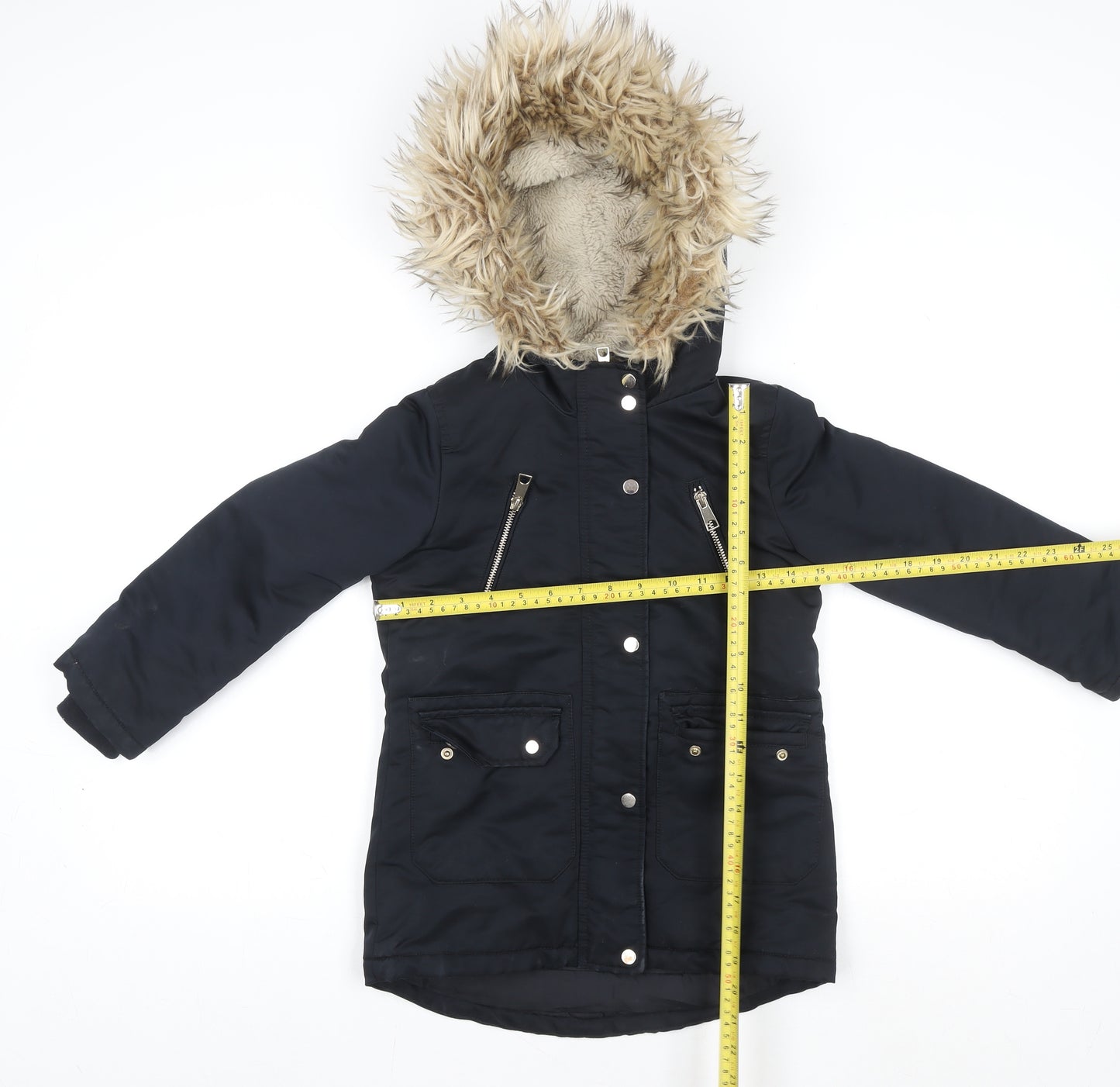F&F Girls Black Faux Fur Hooded Parka Coat 6-7 Years Lined Winter Jacket