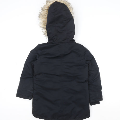 F&F Girls Black Faux Fur Hooded Parka Coat 6-7 Years Lined Winter Jacket
