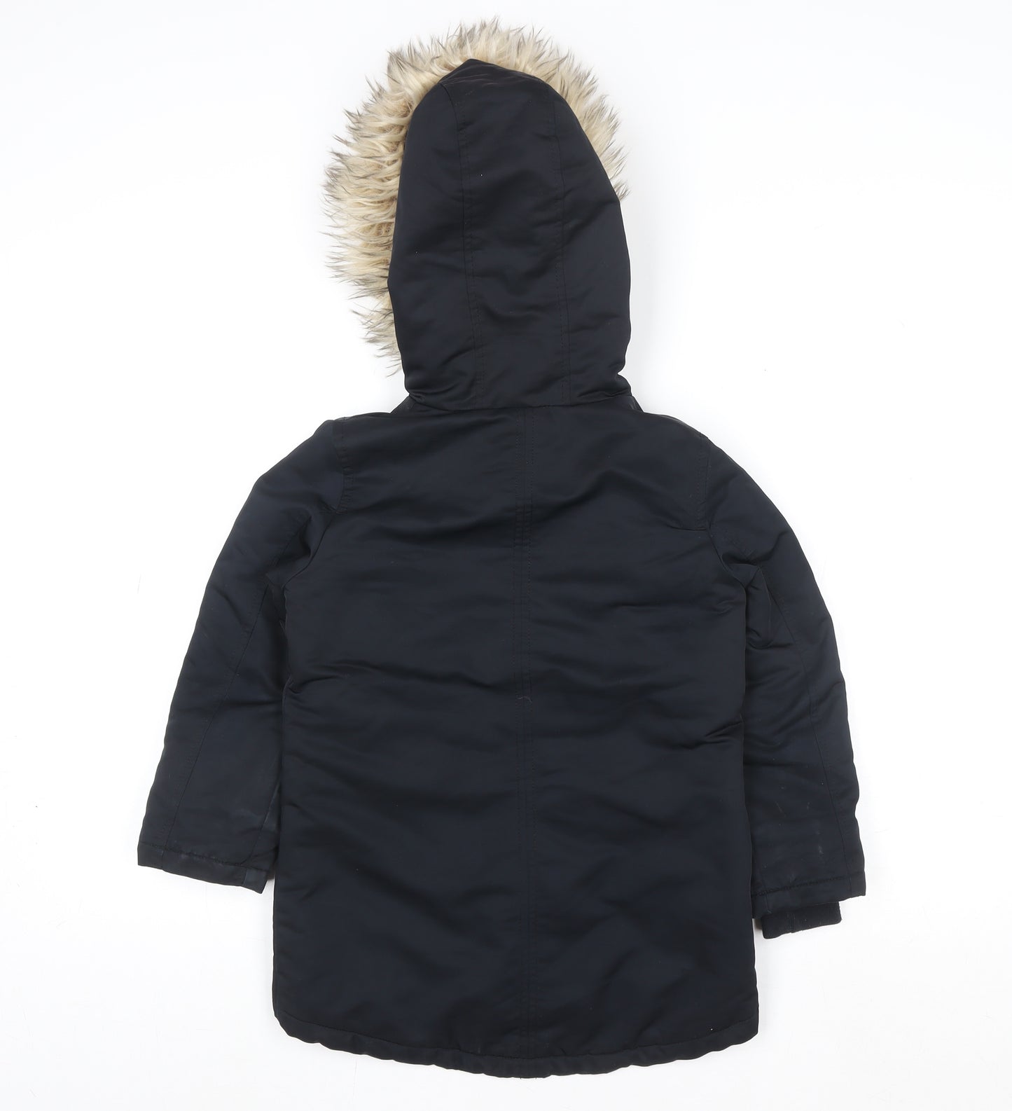 F&F Girls Black Faux Fur Hooded Parka Coat 6-7 Years Lined Winter Jacket