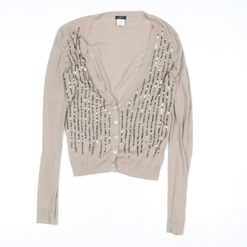 J.Crew Women Beige Sequin V-Neck Cotton Button-Up Cardigan M