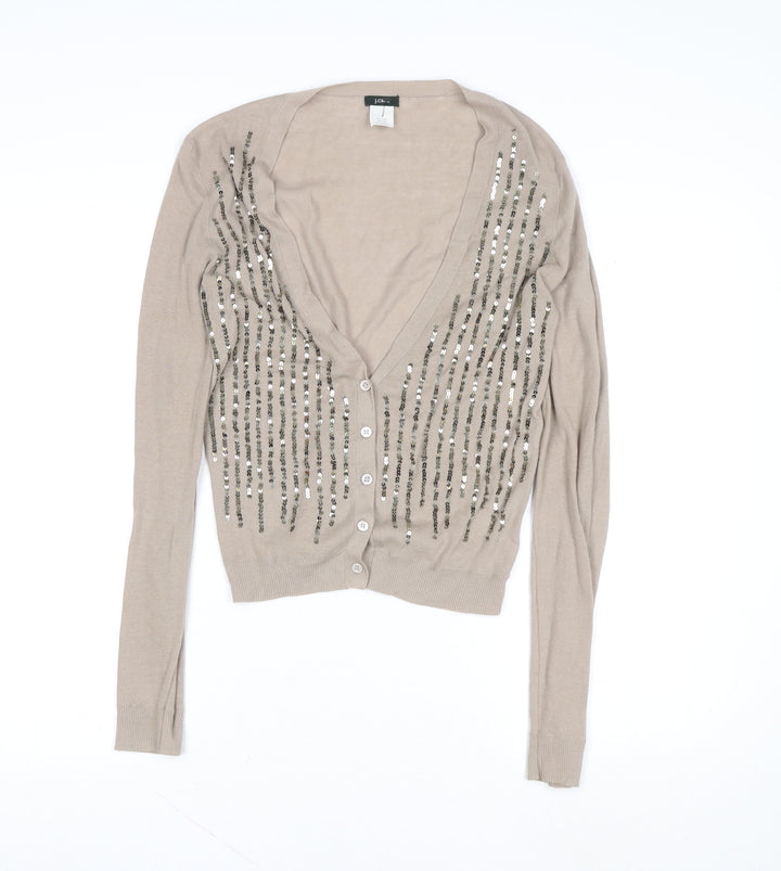 J.Crew Women Beige Sequin V-Neck Cotton Button-Up Cardigan M