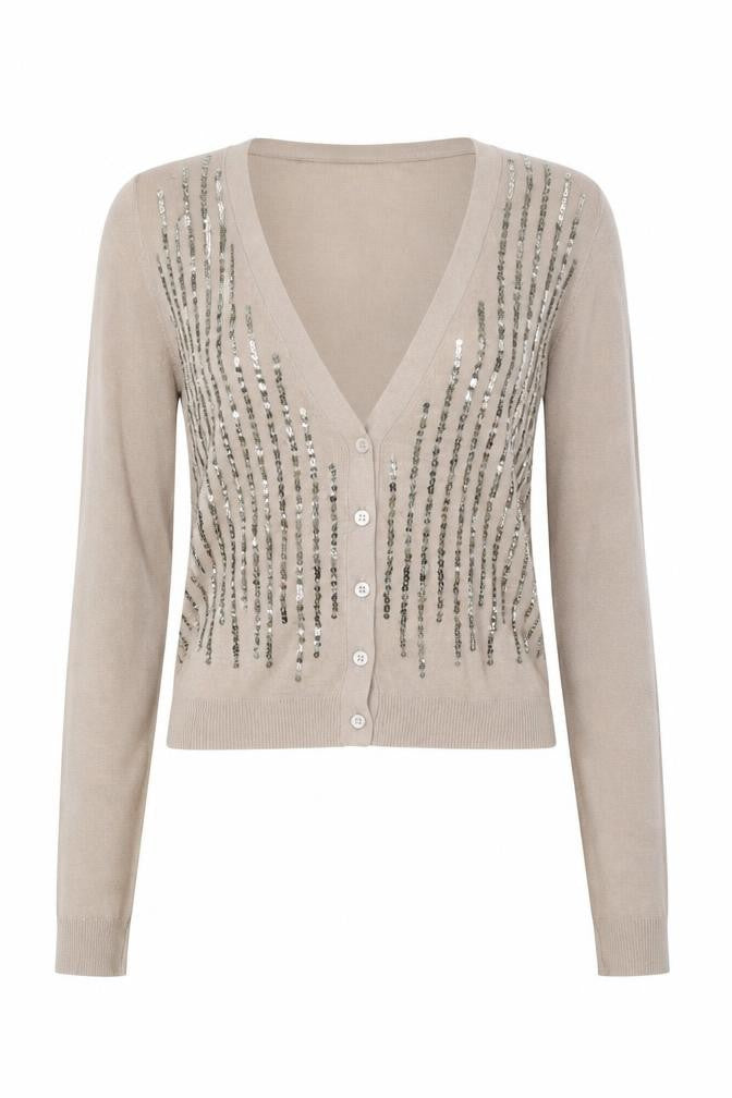 J.Crew Women Beige Sequin V-Neck Cotton Button-Up Cardigan M