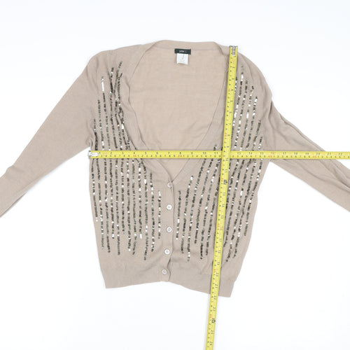 J.Crew Women Beige Sequin V-Neck Cotton Button-Up Cardigan M