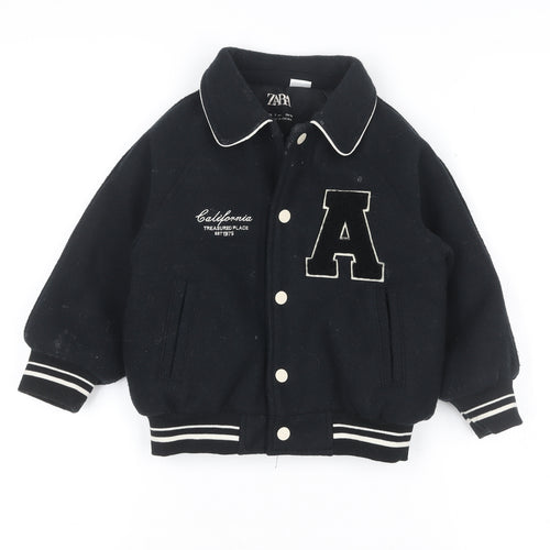 ZARA Boys Black Varsity Jacket 3 Years Wool Blend Button Up Bomber