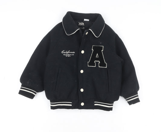 ZARA Boys Black Varsity Jacket 3 Years Wool Blend Button Up Bomber