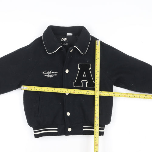 ZARA Boys Black Varsity Jacket 3 Years Wool Blend Button Up Bomber
