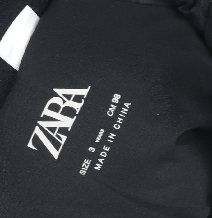 ZARA Boys Black Varsity Jacket 3 Years Wool Blend Button Up Bomber
