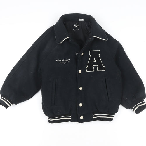 Zara Girls Black Varsity Jacket 6 Years Wool Blend Lined Button-Up