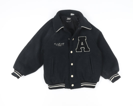 Zara Girls Black Varsity Jacket 6 Years Wool Blend Lined Button-Up