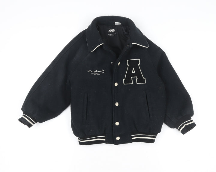 Zara Girls Black Varsity Jacket 6 Years Wool Blend Lined Button-Up