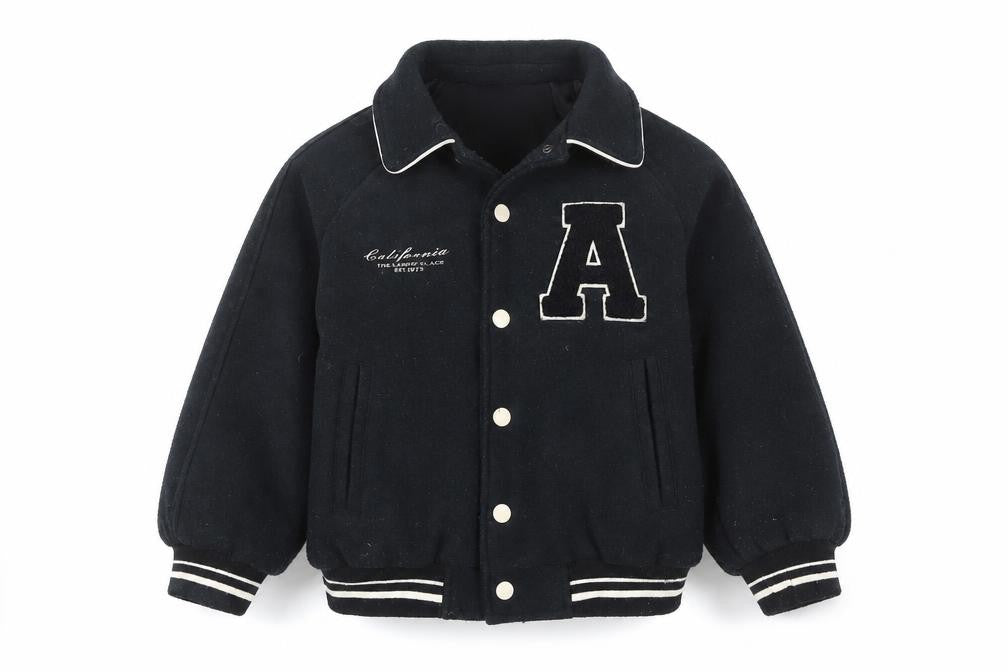 Front view of Zara girls’ black varsity jacket 6 years wool blend lined button-up