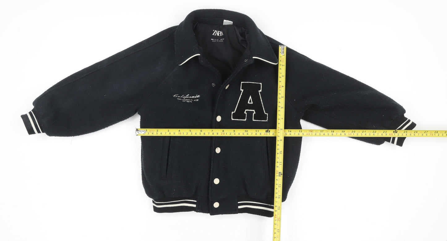 Zara Girls Black Varsity Jacket 6 Years Wool Blend Lined Button-Up