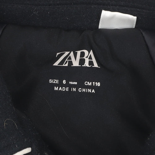 Zara Girls Black Varsity Jacket 6 Years Wool Blend Lined Button-Up