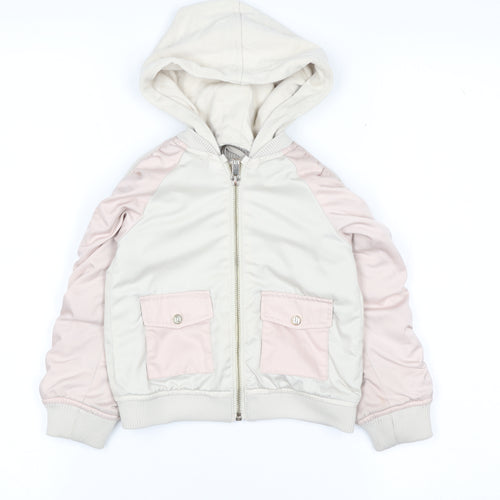 River Island Girls Ivory Pink Hooded Bomber Jacket 2-3 Years Lined Pockets