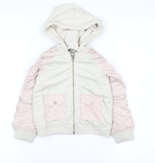 River Island Girls Ivory Pink Hooded Bomber Jacket 2-3 Years Lined Pockets