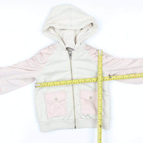 River Island Girls Ivory Pink Hooded Bomber Jacket 2-3 Years Lined Pockets