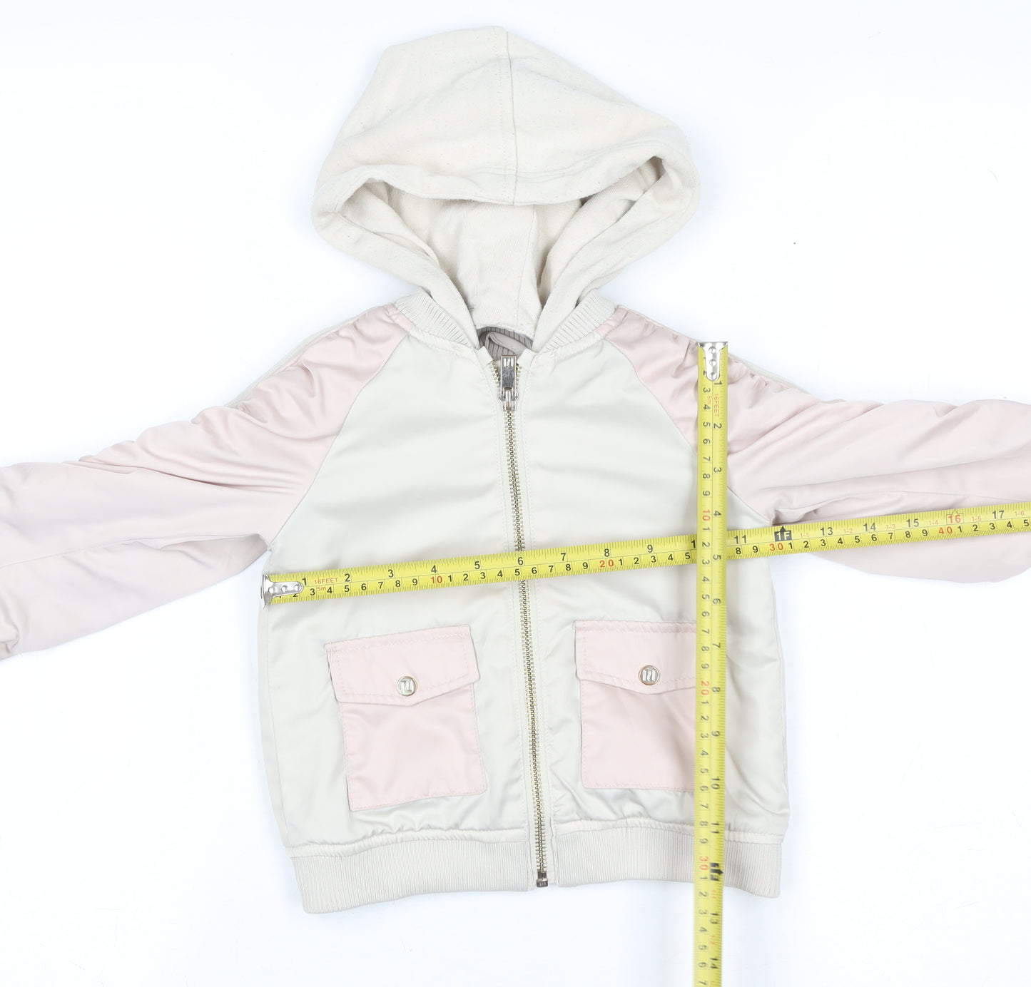 River Island Girls Ivory Pink Hooded Bomber Jacket 2-3 Years Lined Pockets