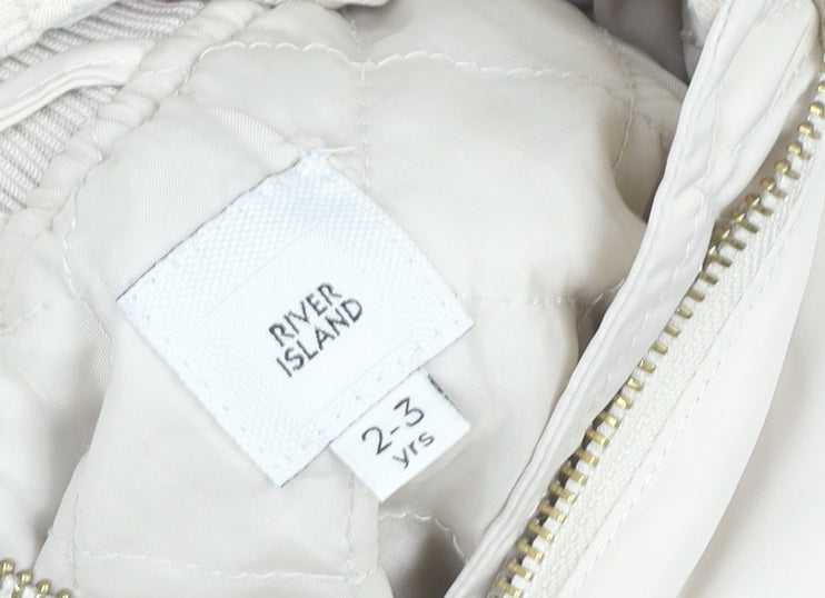 River Island Girls Ivory Pink Hooded Bomber Jacket 2-3 Years Lined Pockets