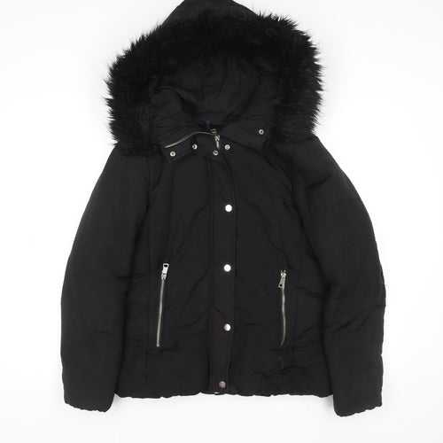 H&M Womens Black Puffer Jacket Size 8 Faux Fur Hooded Winter Coat