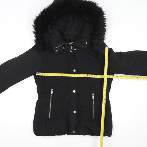 H&M Womens Black Puffer Jacket Size 8 Faux Fur Hooded Winter Coat