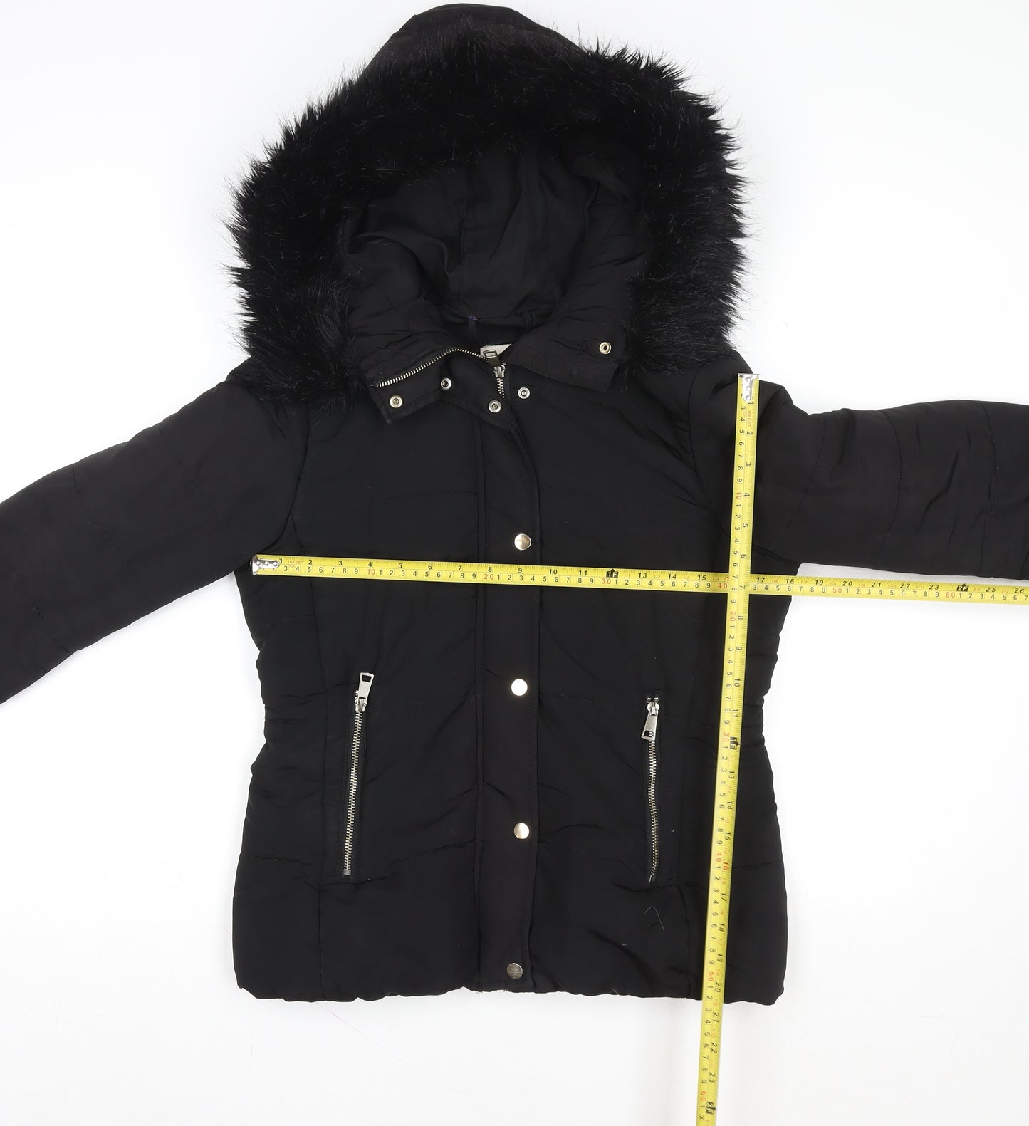 H&M Womens Black Puffer Jacket Size 8 Faux Fur Hooded Winter Coat