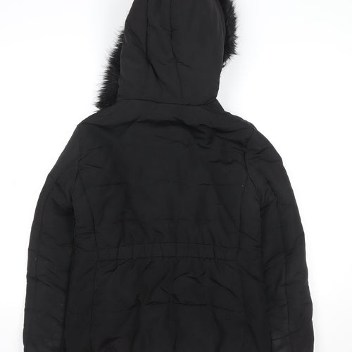 H&M Womens Black Puffer Jacket Size 8 Faux Fur Hooded Winter Coat