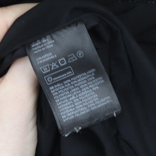 H&M Womens Black Puffer Jacket Size 8 Faux Fur Hooded Winter Coat