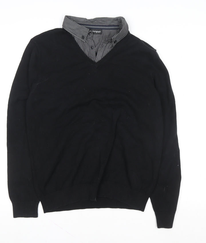 Marks and Spencer Men’s Black Medium V-Neck Knit Polo Sweater